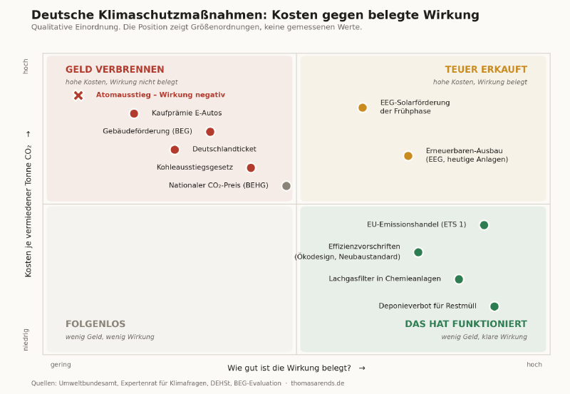 Vier-Felder-Matrix: deutsche Klimaschutzmaßnahmen nach Kosten je vermiedener Tonne CO₂ und Belegbarkeit der Wirkung